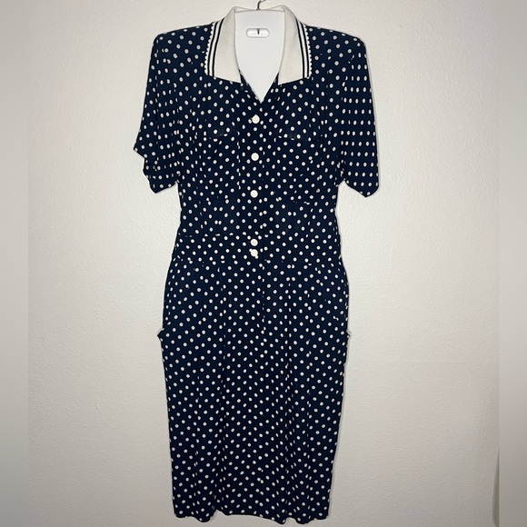Vintage Leslie Fay Navy Polka Dot Midi Dress πβ¨ - Picture 1 of 6